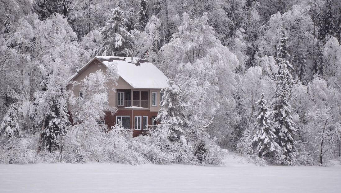 Namas apsuptas sniego medziu ir ziemos